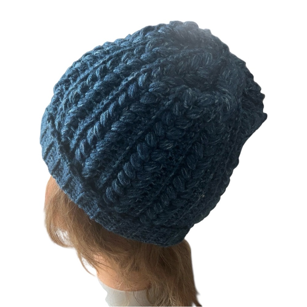 Handmade Beanie in blue Jean color and Crochet Wheat stitch puff design.
